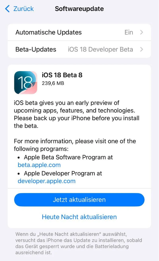 渭滨苹果手机维修分享苹果 iOS / iPadOS 18 开发者预览版 Beta 8 发布 